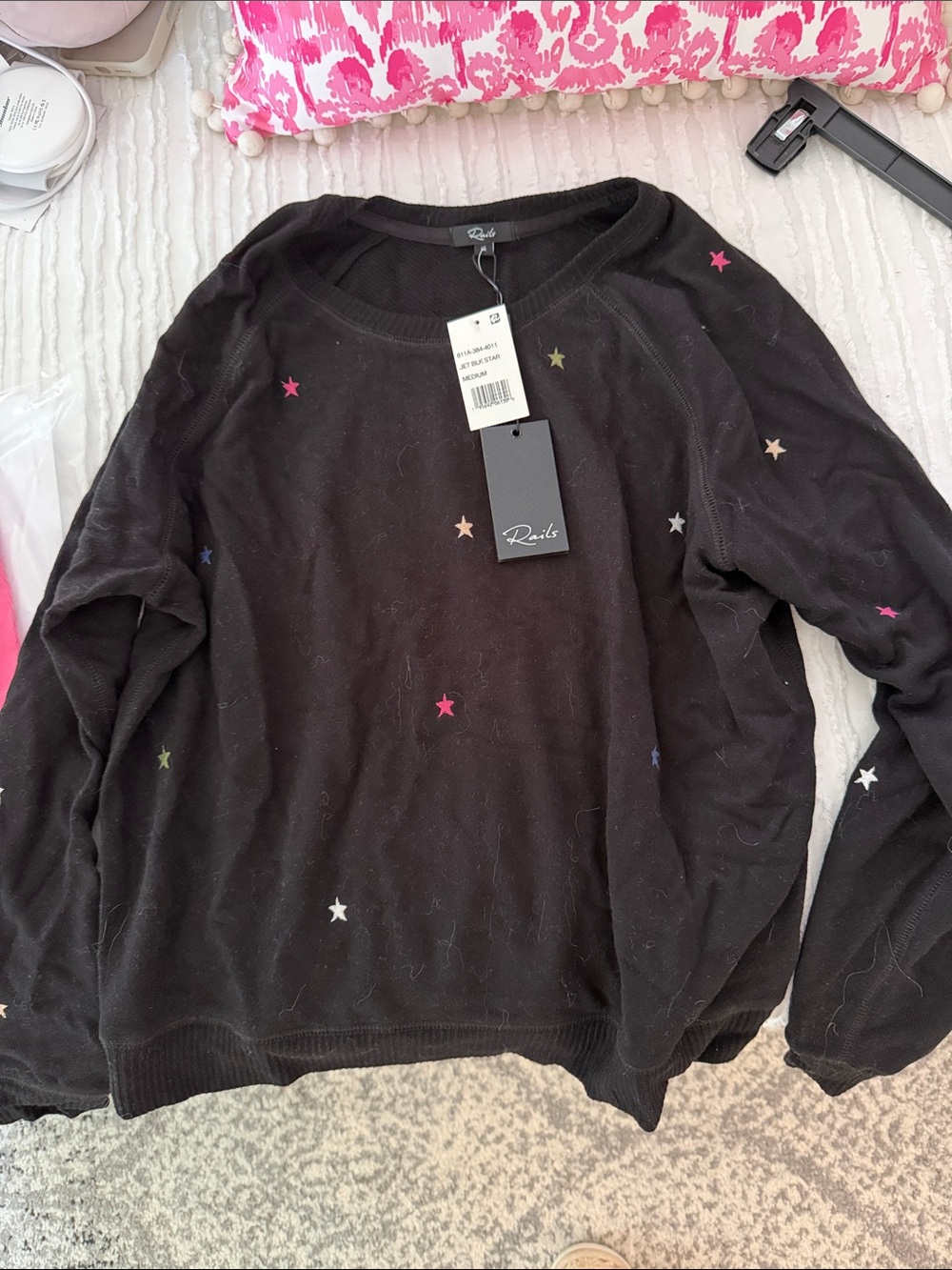 Rails Black Crewneck Sweater with Multicolor Star Embroidery